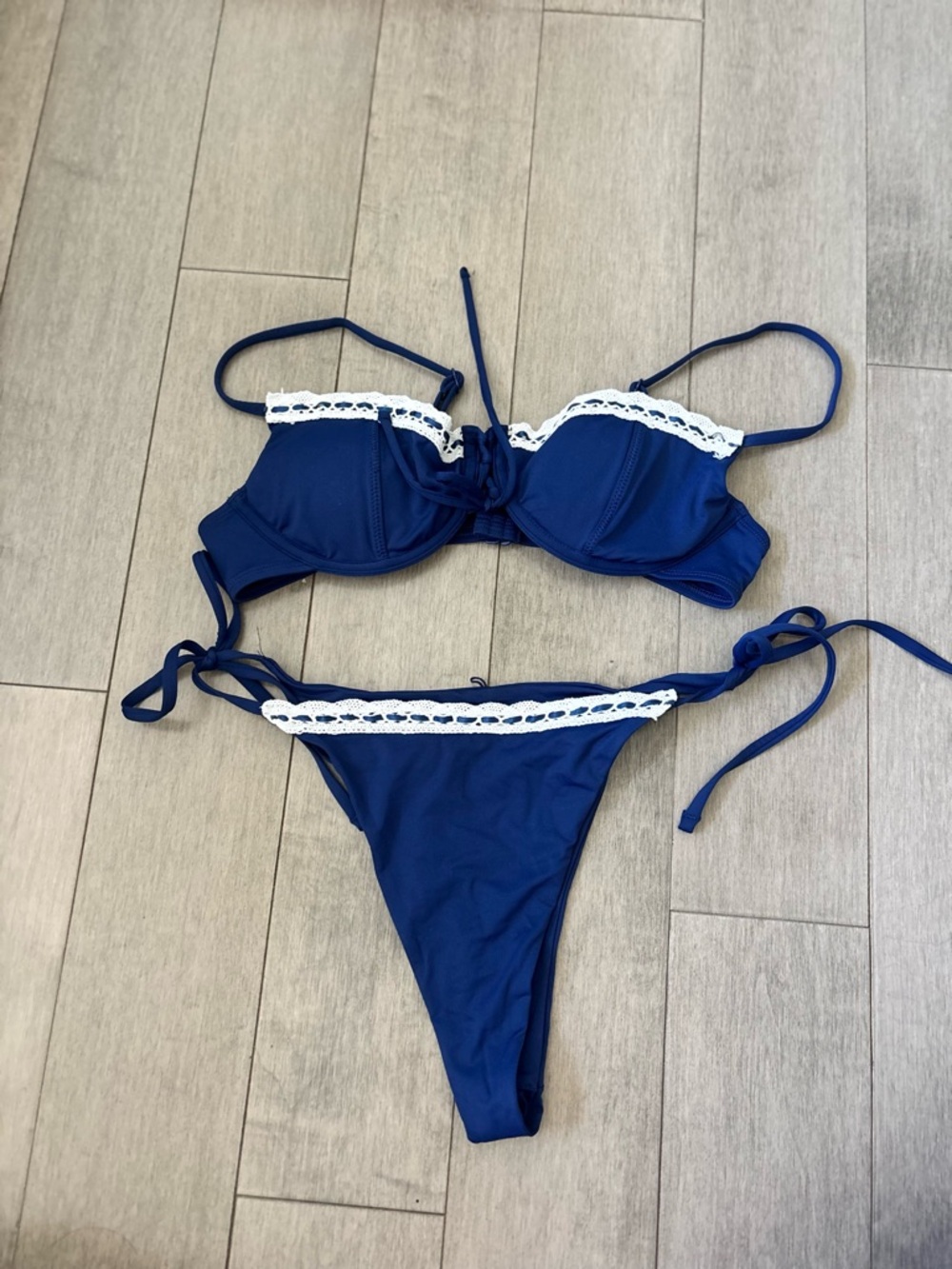 Garage Navy Blue Bikini with White Lace Trim